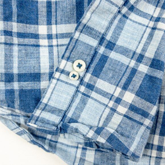 Cremieux Linen Blend Shirt Men's Small Button-Up Short Sleeve Blue Plaid - Picture 6 of 12
